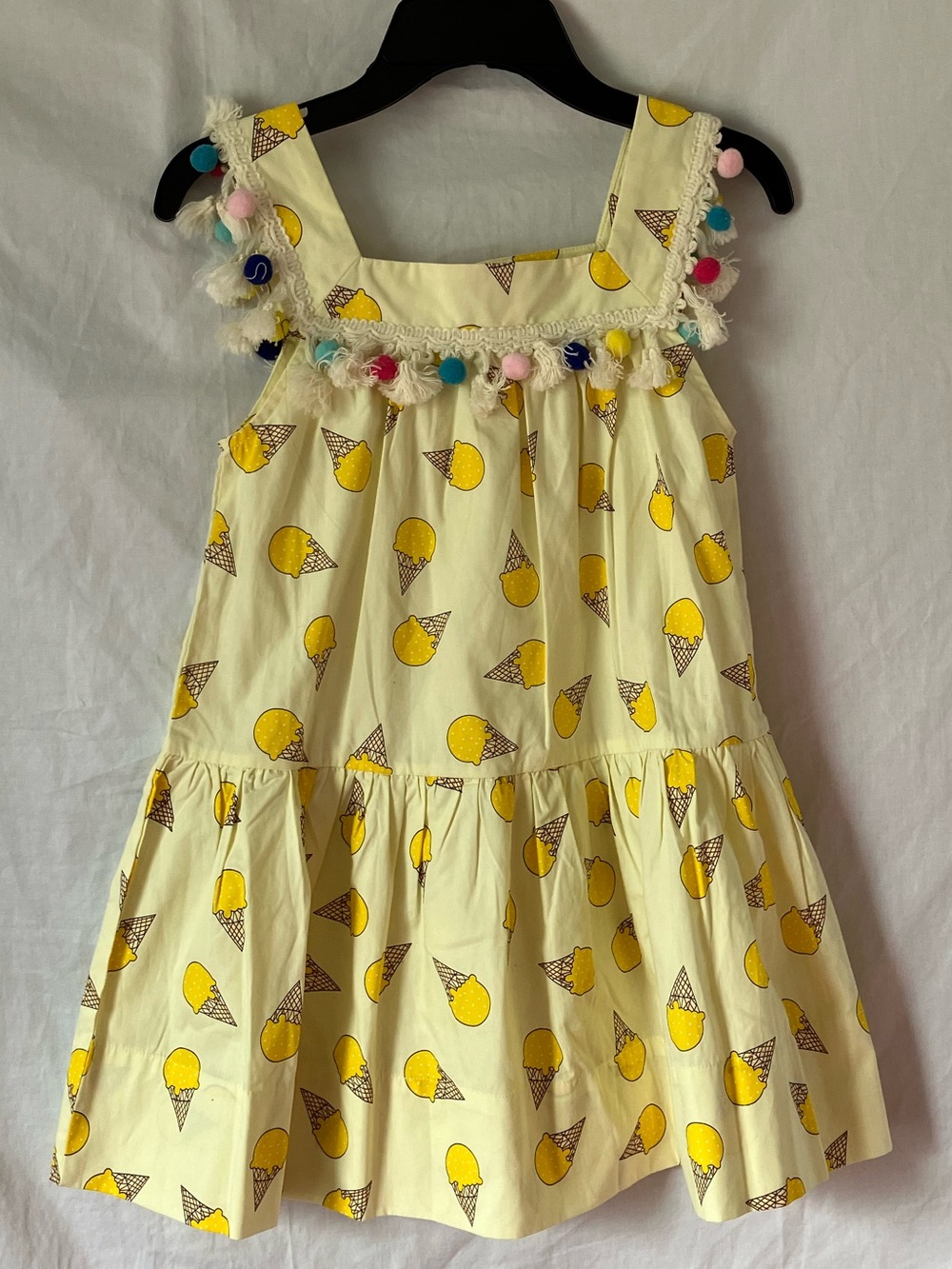 Peas and Queues Yellow Ice Cream Print Pom Pom Dress - Size 8